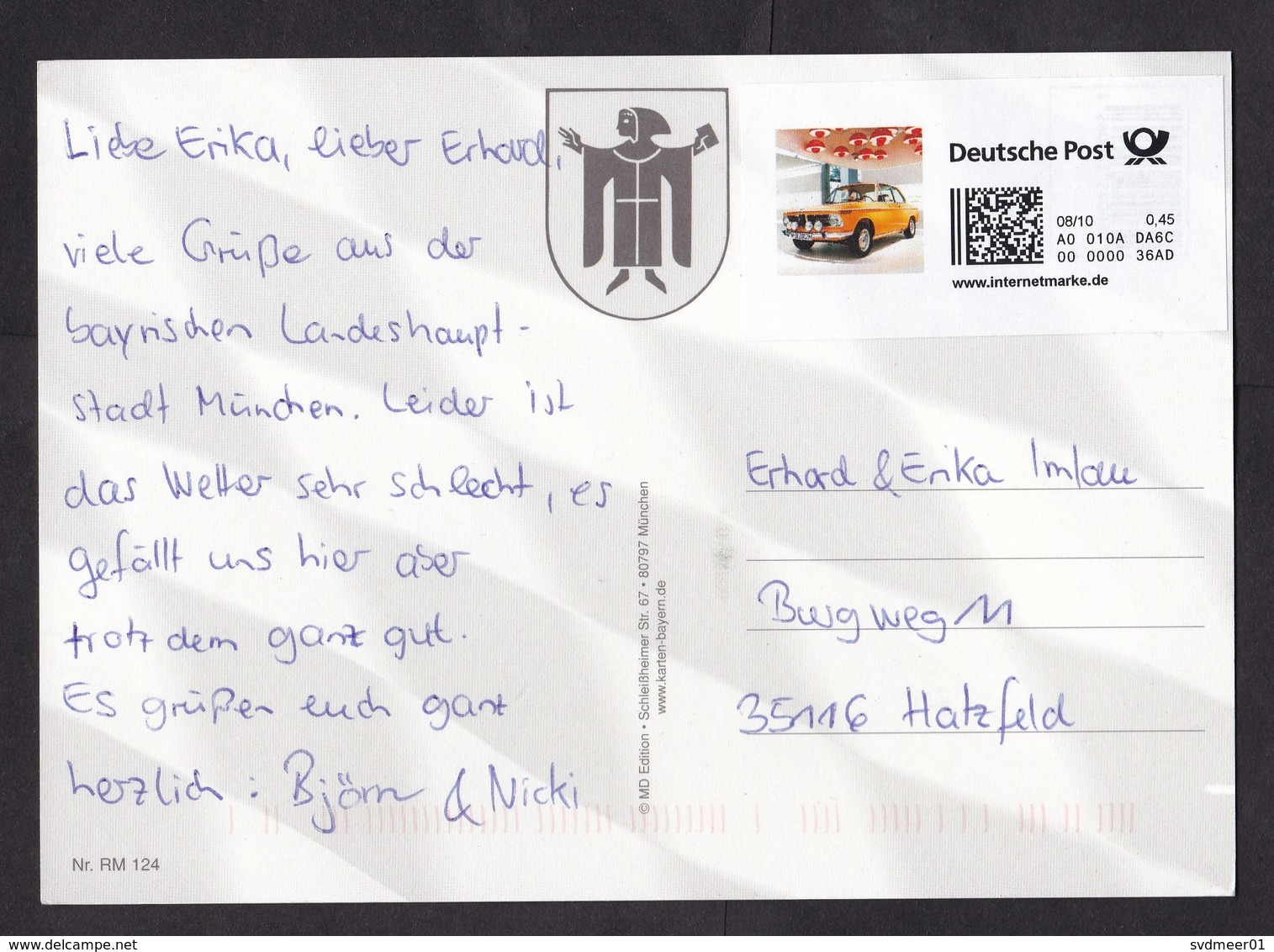 Germany: Picture Postcard, 2010, Self-printed Computer Internet Stamp, Internetmarke, BMW Oldtimer Car (traces Of Use) - Brieven En Documenten