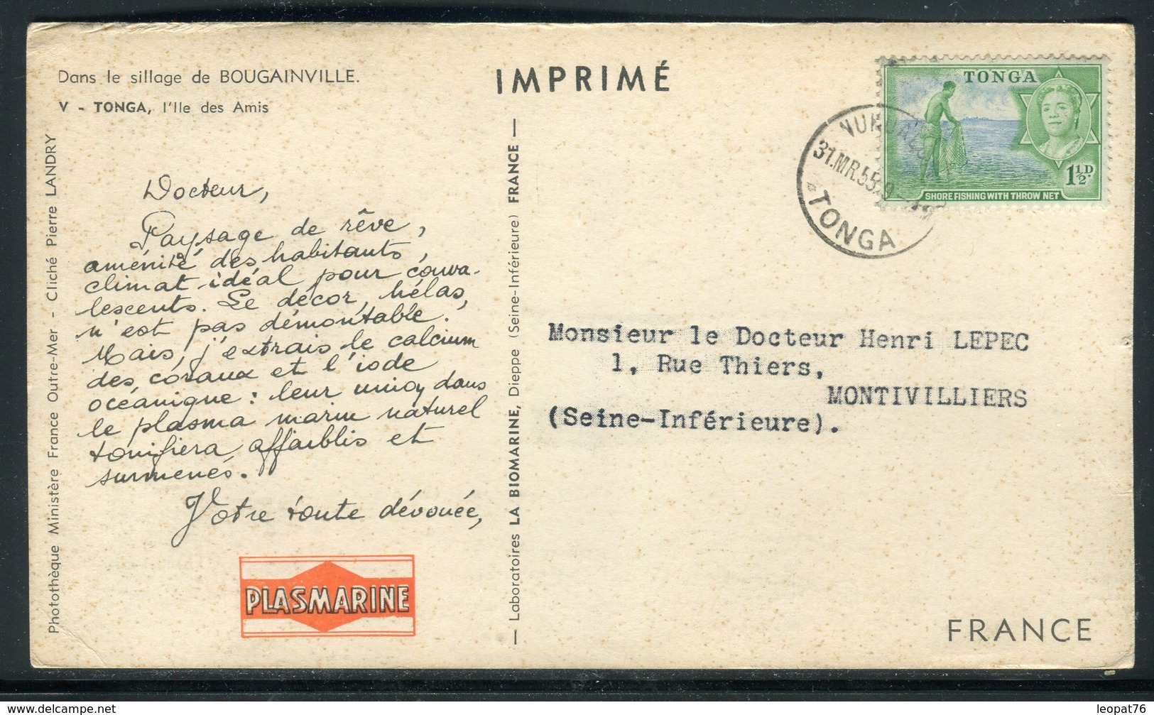 Tonga - Carte Publicitaire ( Biomarine De Dieppe ) Pour La France En 1955 -  Réf M41 - Tonga (...-1970)