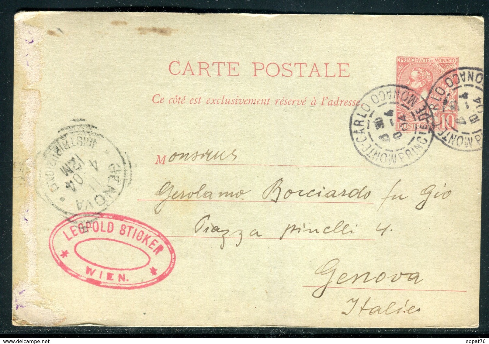 Monaco - Entier Postal Pour Génova En 1904 -  Réf M45 - Postal Stationery