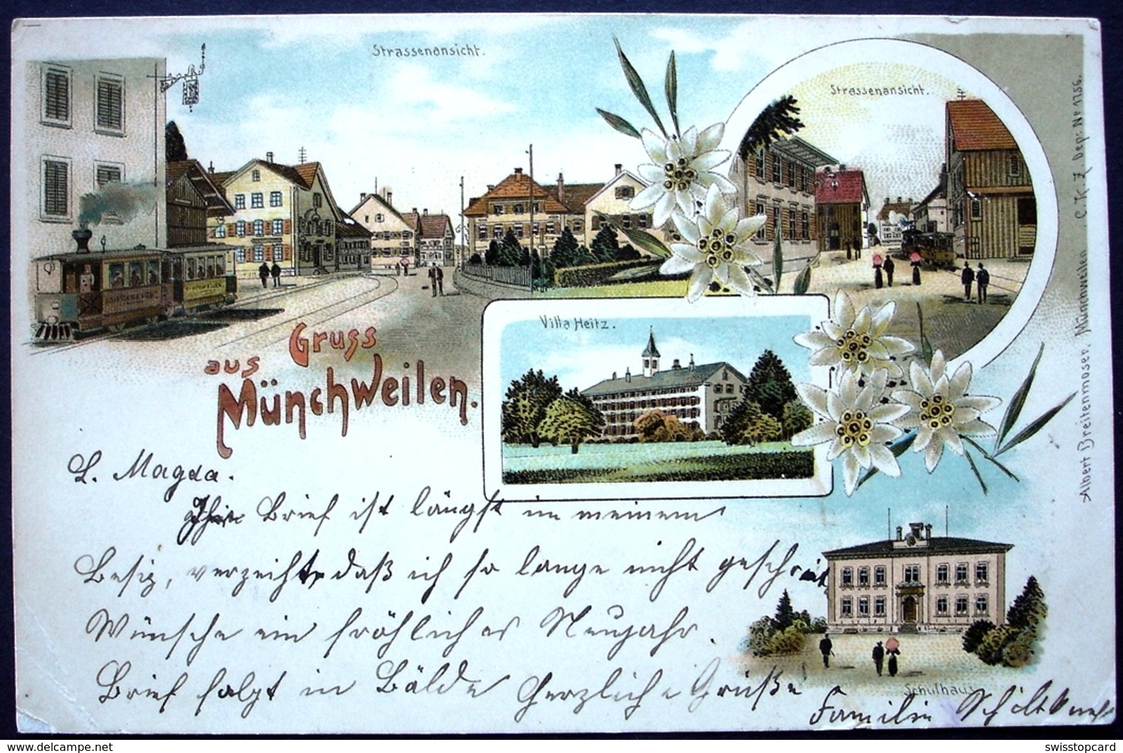 LITHO Gruss Aus MÜNCHWILEN Bahn Tram Strassenbahn Villa Heitz Schulhaus Gel. 1898 - Münchwilen