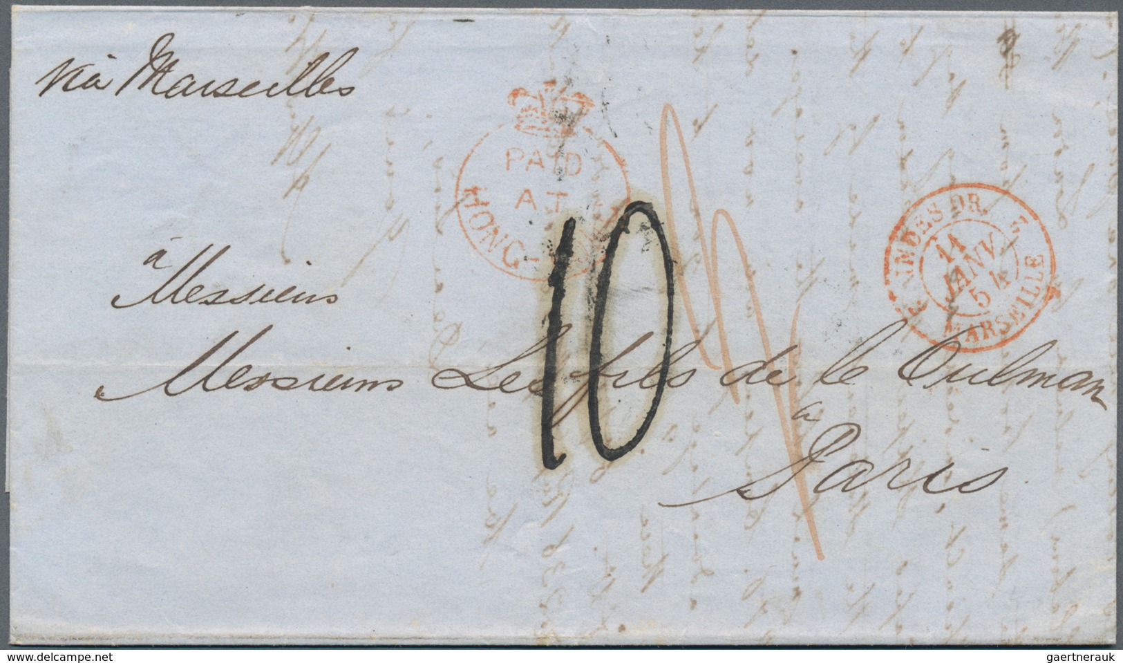 China: 1854, "PAID AT HONGKONG" Red Crown Circle Cancel, Black Tax "10" And Red Double Circle Handst - Otros & Sin Clasificación