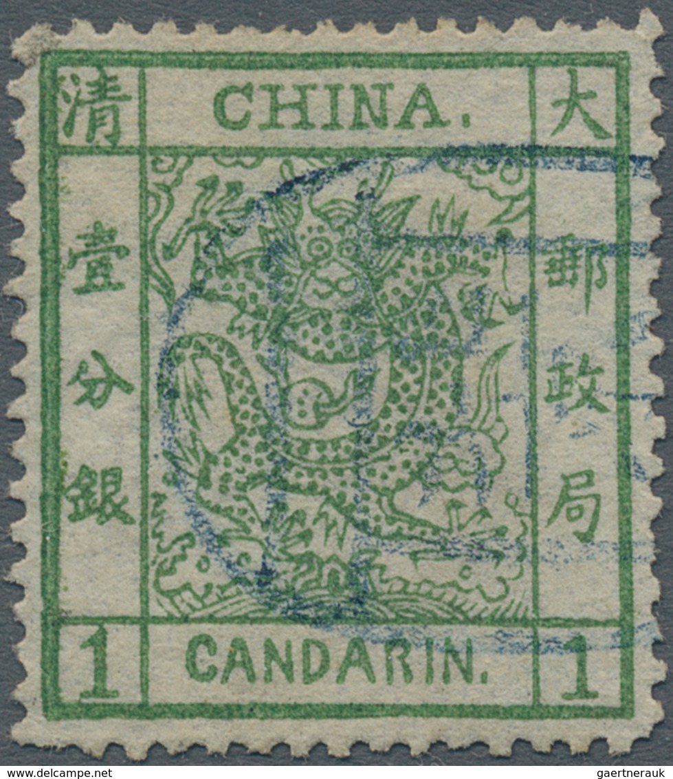 China: 1878, Large Dragon Thin Paper 1 Ca. Green, Canc. Blue Seal "Pe(king), Michel Cat. 420.-. - Sonstige & Ohne Zuordnung