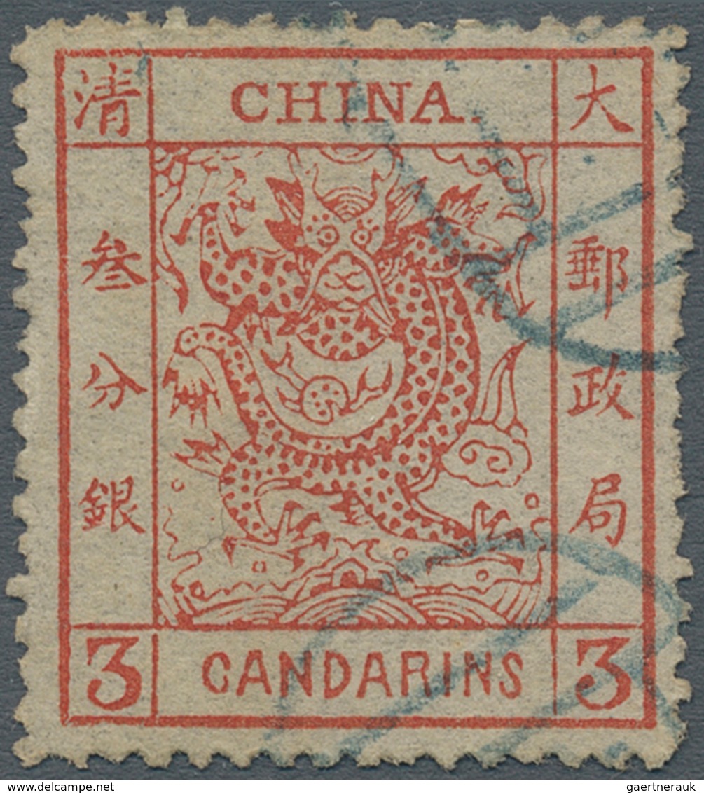 China: 1878, Large Dragon Thin Paper 3 Ca. Dark Red, Used Blue Seal (Michel Cat. 280.-). - Sonstige & Ohne Zuordnung