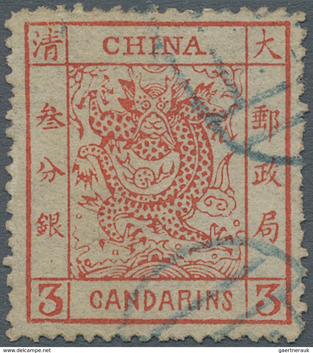 China: 1878, Large Dragon Thin Paper 3 Ca. Dark Red, Used Blue Seal (Michel Cat. 280.-). - Andere & Zonder Classificatie