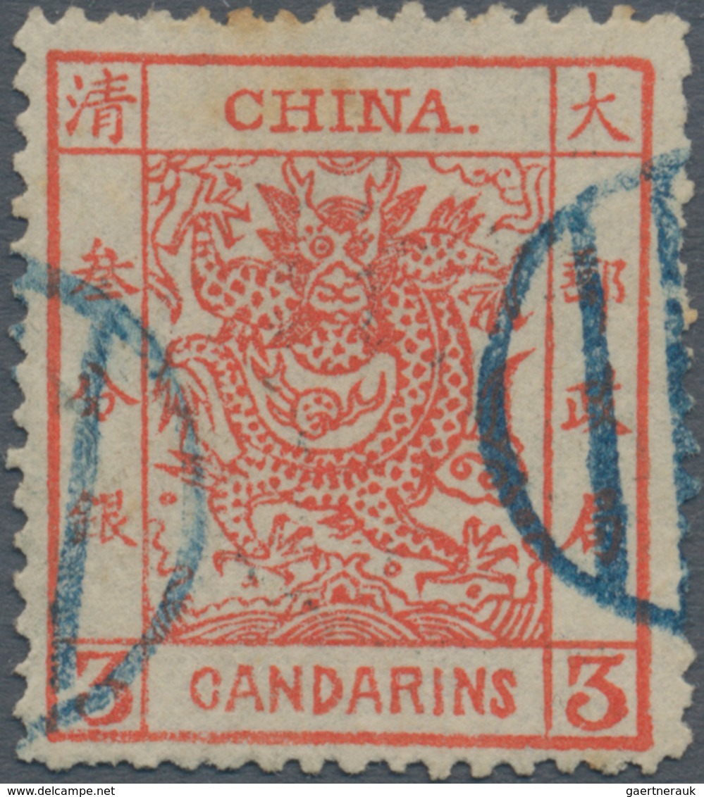 China: 1878, Large Dragon Thin Paper 3 Ca. Vermilion, Canc. Blue Seal (Michel Cat. 280.-) - Autres & Non Classés