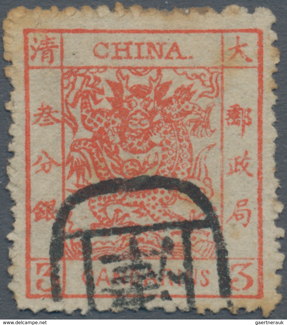 China: 1878, Large Dragon Thin Paper 3 Ca. Vermilion, Canc. Seal "(Tien)tsin", Interesting Blind Per - Otros & Sin Clasificación