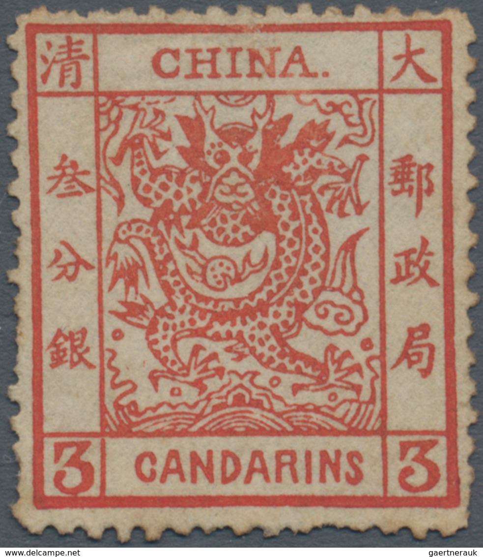 China: 1883, Large Dragon Thick Paper 3 Ca. Red, Deep Impression, Unused No Gum, Pulled Perf (Michel - Autres & Non Classés