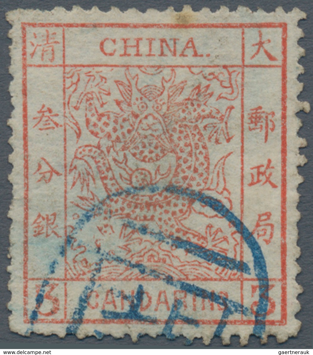 China: 1883, Large Dragon Thick Paper 3 Ca. Red, Canc. Part Strike Blue Seal Of "Pe(king)", Variety - Otros & Sin Clasificación