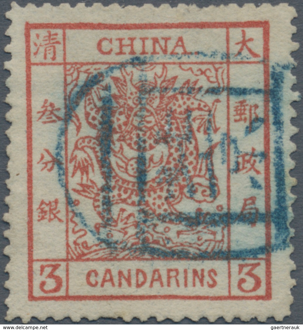 China: 1883, Large Dragon Thick Paper 3 Ca. Red Canc. Blue Seal "Peking" (Michel Cat. 350.-)- - Otros & Sin Clasificación