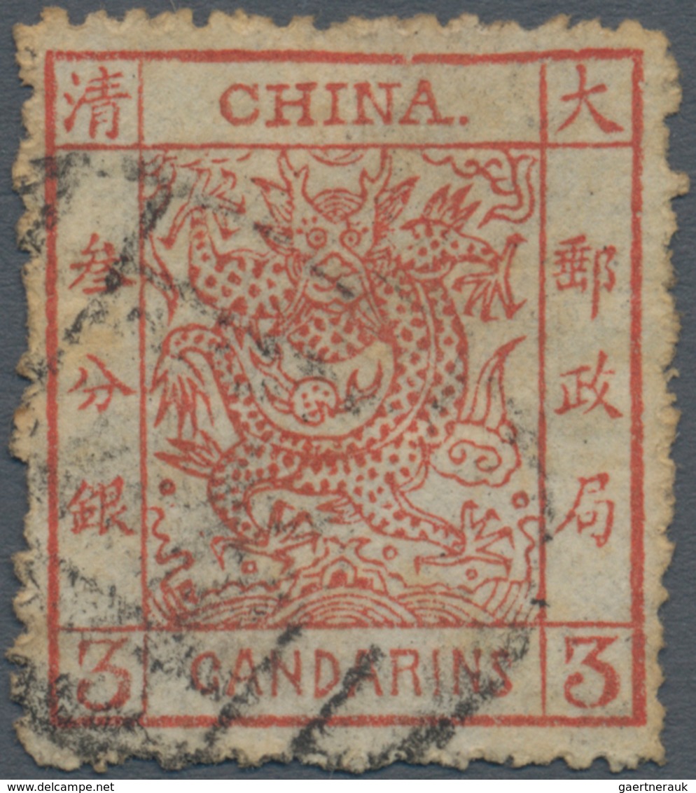 China: 1885, Large Dragon Rough Perfs. 3 Ca. Red, Canc. Indistinct Large Seal (Michel Cat. 350.-). - Autres & Non Classés