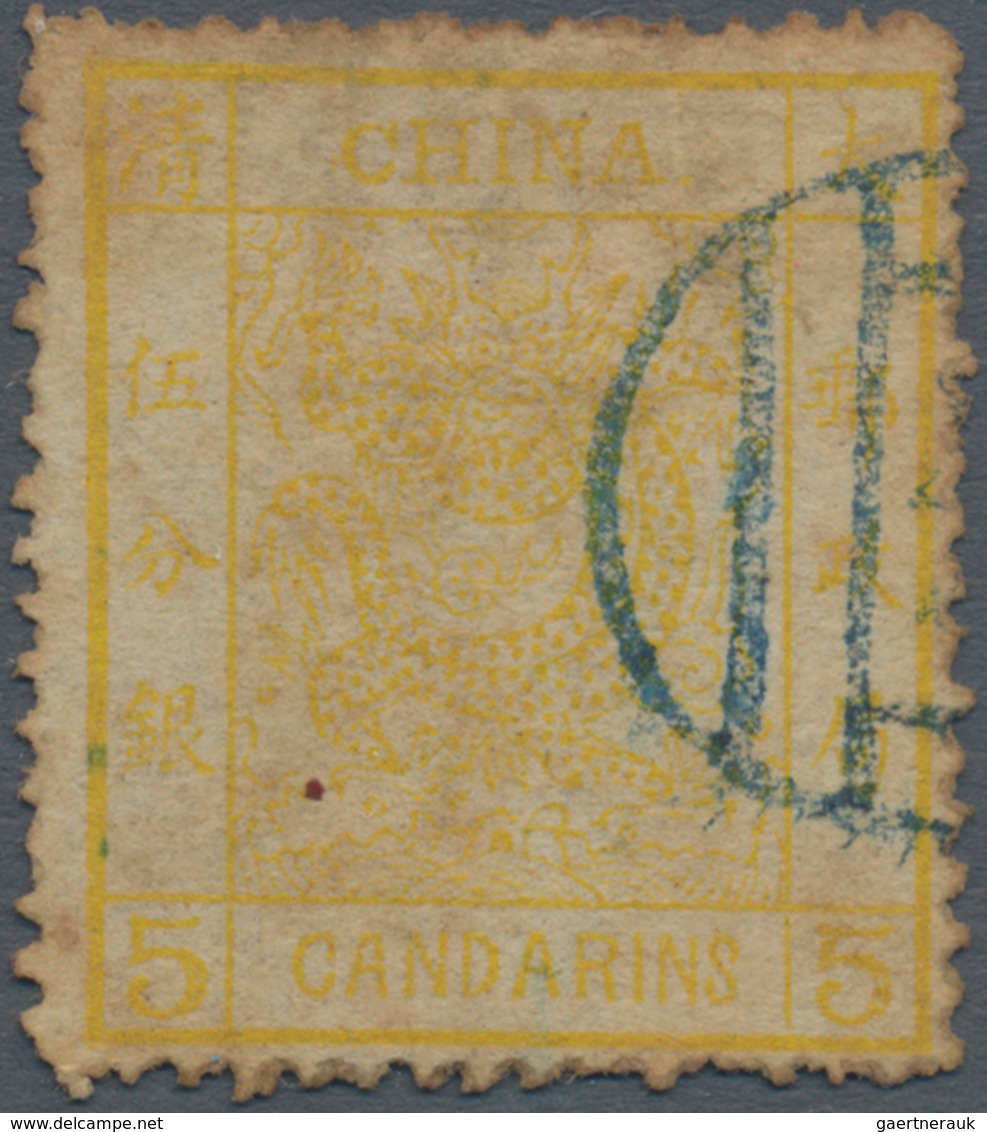 China: 1883, Large Dragon Thick Paper 5 Ca. Lemon, Canc. Part Blue Seal, Weak Impression (Michel Cat - Sonstige & Ohne Zuordnung