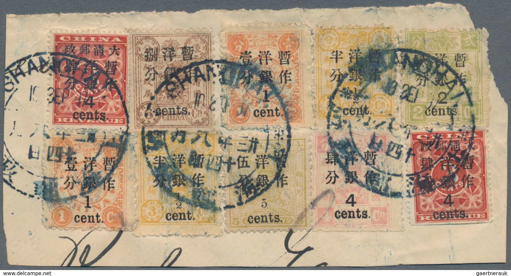 China: 1897, Cent Surcharges, Magnificent Piece With A. O. Red Revenues Large 4 C. (2, One Bottom Sc - Autres & Non Classés