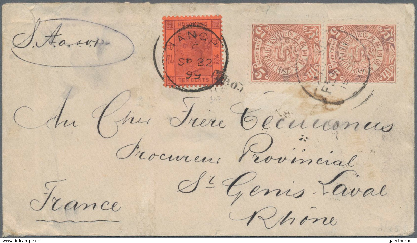 China: 1898, Coiling Dragon 5 C. Salmon (pair) Tied Bisected Bilingual "PKEING 15 SEP 99" To Small C - Sonstige & Ohne Zuordnung