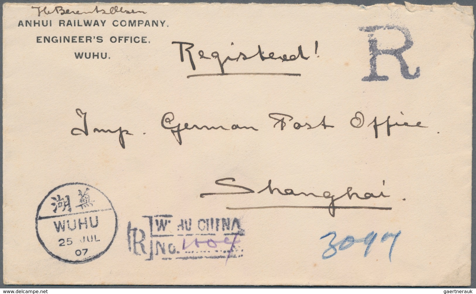 China: 1907, 1c. Ocre Horizontal Pair And 5c. Lilac On Reverse Of Registered Cover "ANHUI RAILWAY CO - Autres & Non Classés