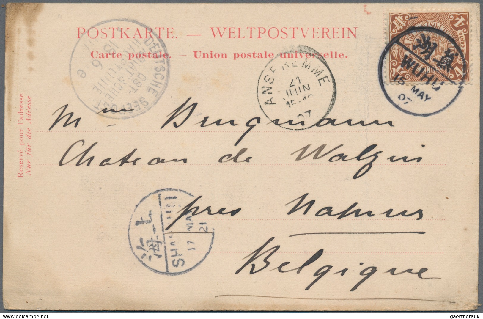 China: 1902, 4 C. Brown Tied Bisected Bilingual Dater "WUHU 15 MAY 07" Via Shanghai And German SPO " - Sonstige & Ohne Zuordnung