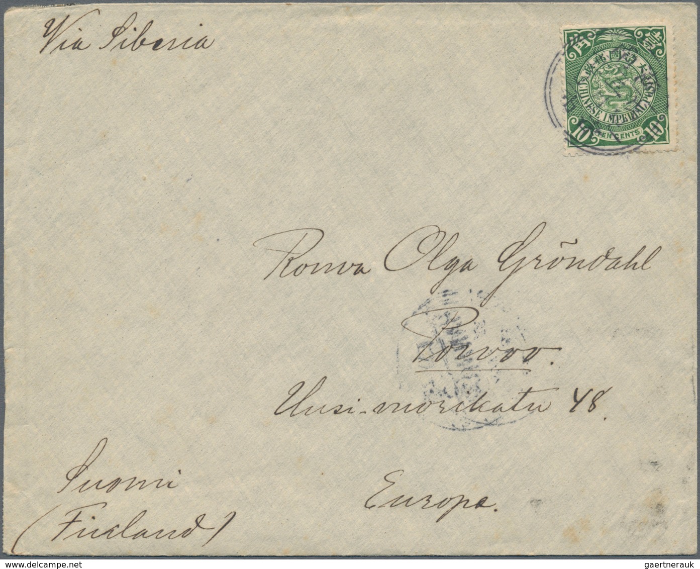 China: 1902, Coiling Dragon 10 C. Green Canc. Lunar Dater "Hunan.Tsingshih 3.17" To Cover To Finland - Sonstige & Ohne Zuordnung