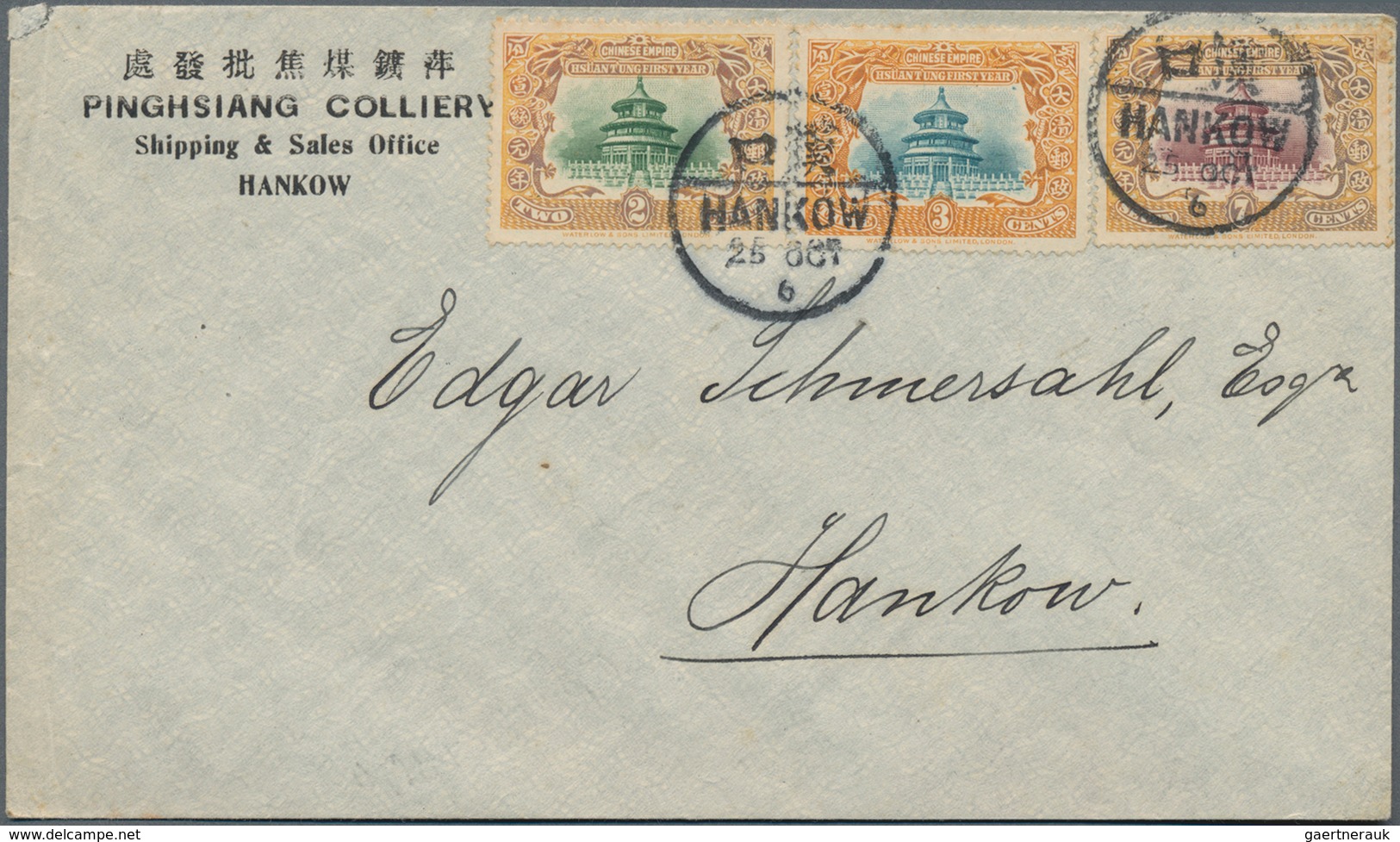 China: 1909, Hsüan Tung Set Tied Bisected Bilingual "HANKOW 25 OCT" To Local Cover (unsealed). - Autres & Non Classés