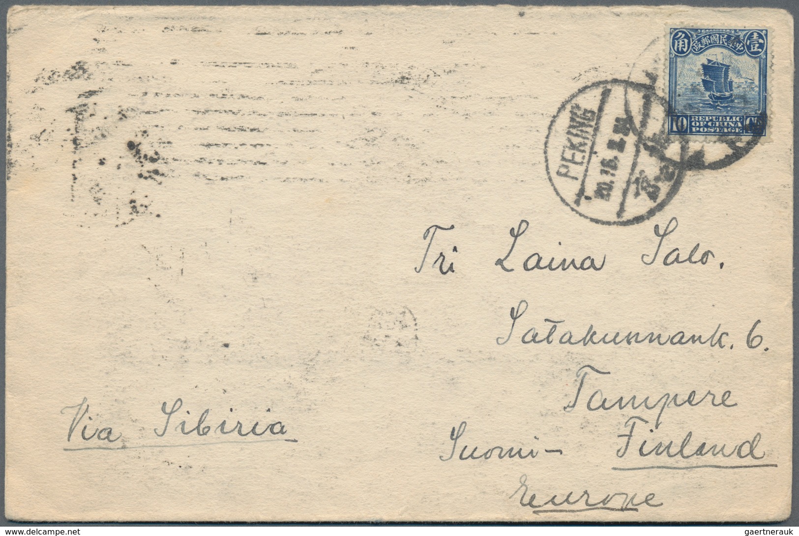 China: 1924, Letter From Beijing Via Kharbin, Siberia And Leningrad To Tampere Finland, On Reverse A - Sonstige & Ohne Zuordnung