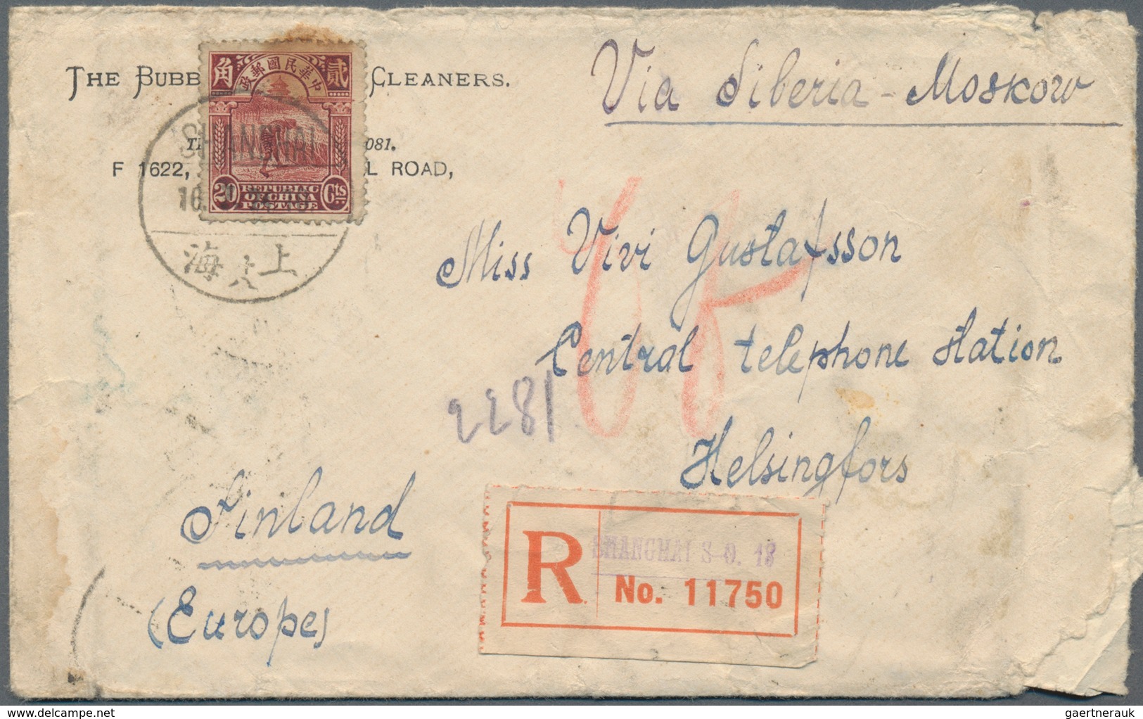 China: 1923, Registered Envelope Addressed To Finland, Bearing Michel 202, Tied With Bilingual Repub - Autres & Non Classés