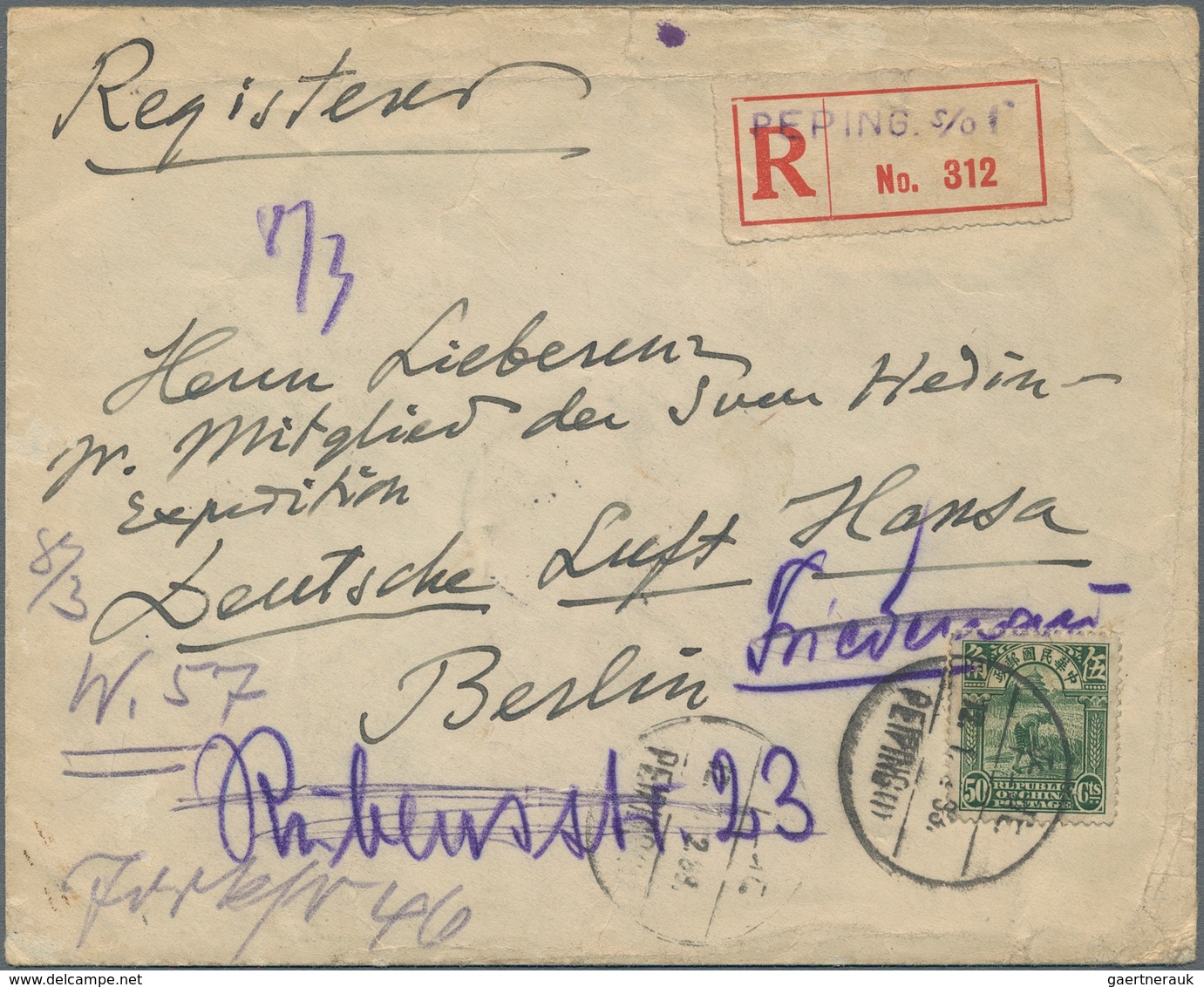 China: 1933, Sven Hedin Self Written Envelope: 1923, 50 C. Reaper Tied "PEPING 1.2.33" To Registered - Autres & Non Classés