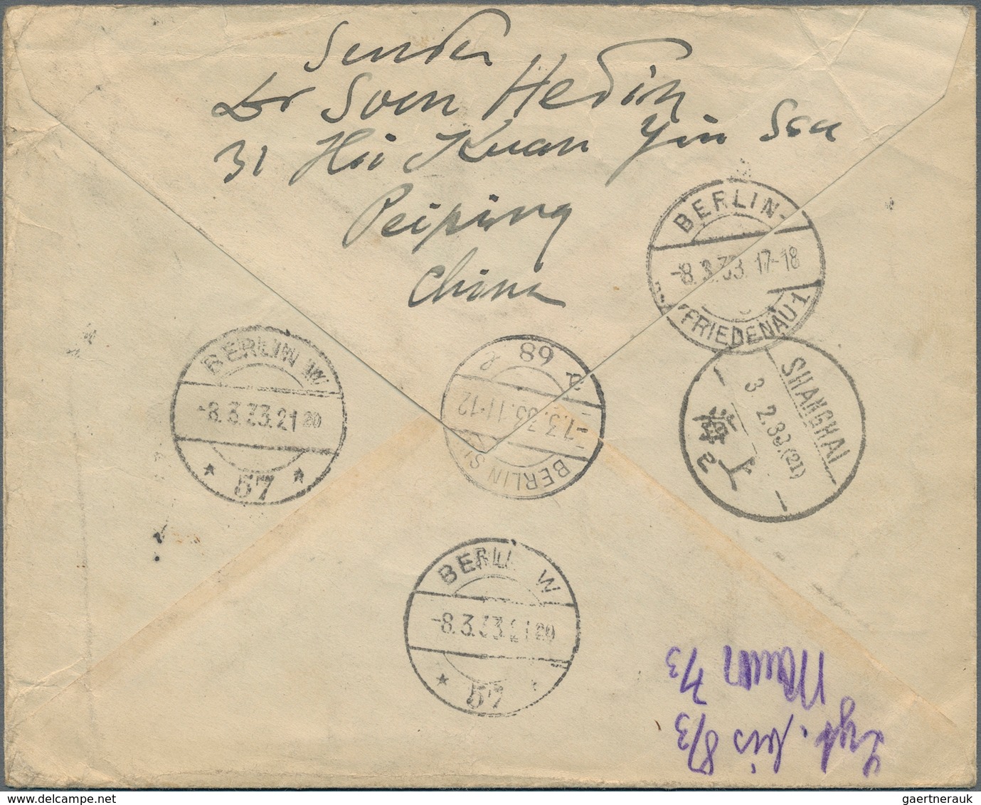China: 1933, Sven Hedin Self Written Envelope: 1923, 50 C. Reaper Tied "PEPING 1.2.33" To Registered - Autres & Non Classés