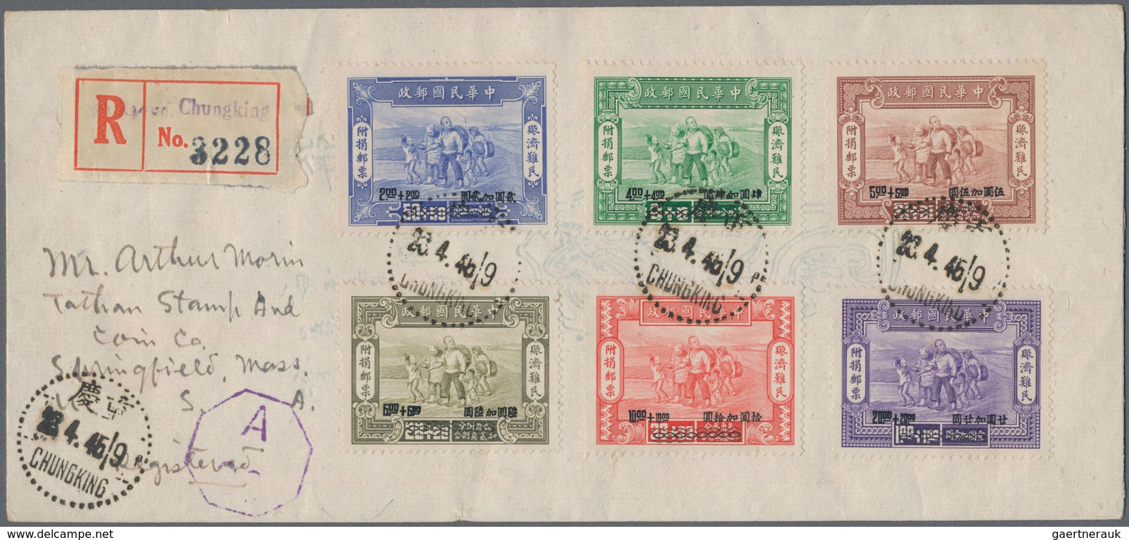 China: 1941/44, Four Covers With Commemoratives Used Foreign Inc. Two Set Covers Of 1944 Surcharges - Autres & Non Classés