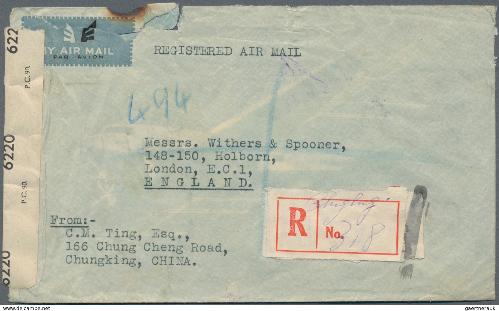 China: 1943/45, Air Mail Covers (4, Ex-3 Registered) To Foreign: $26.80 Rate "Chungking 32.7.27" To - Sonstige & Ohne Zuordnung