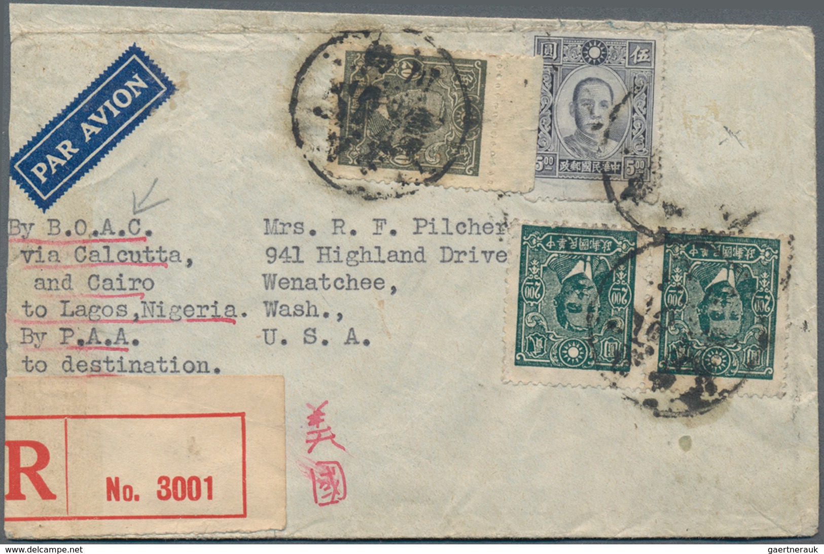 China: 1943/45, Air Mail Covers (4, Ex-3 Registered) To Foreign: $26.80 Rate "Chungking 32.7.27" To - Sonstige & Ohne Zuordnung