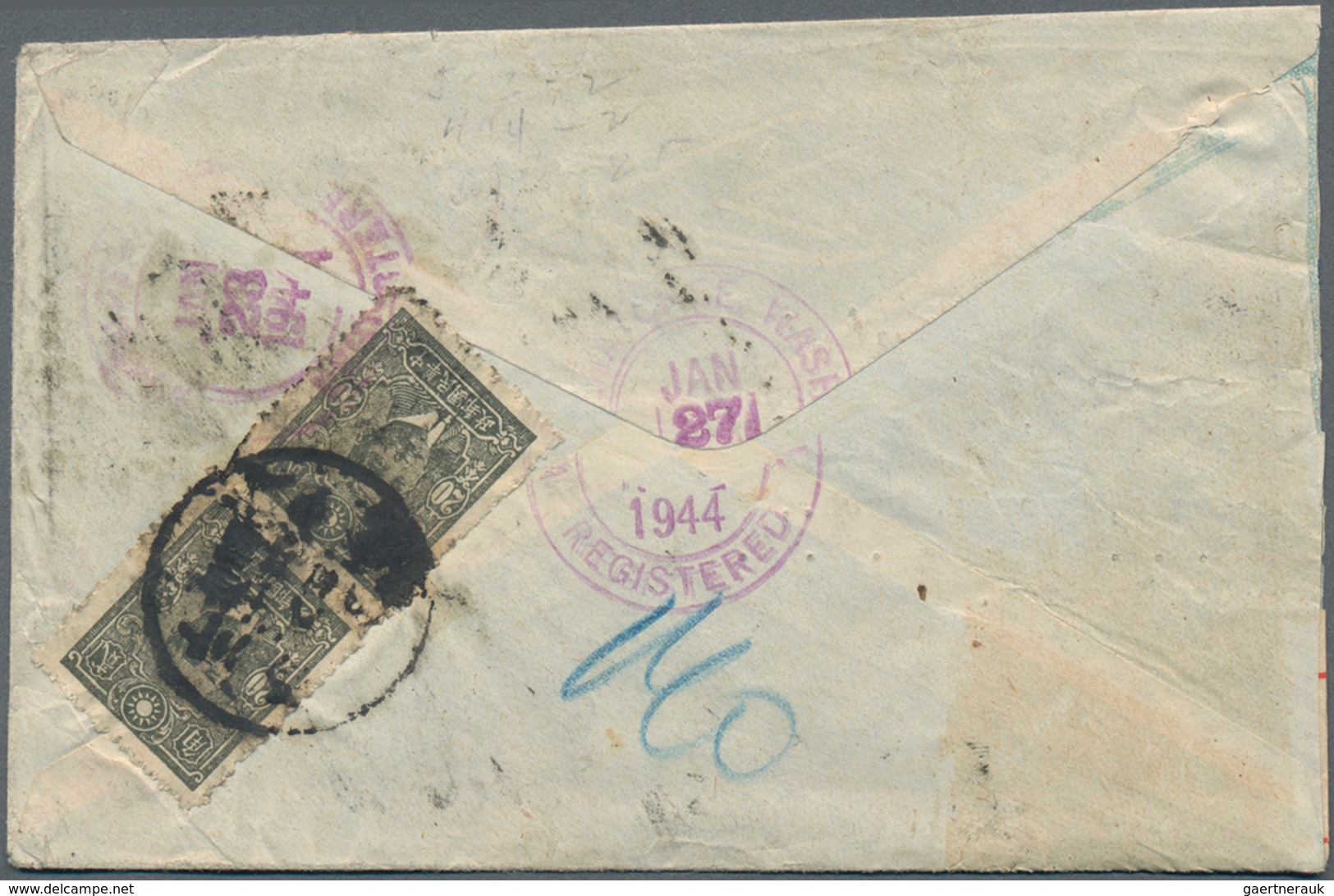 China: 1943/45, air mail covers (4, ex-3 registered) to foreign: $26.80 rate "Chungking 32.7.27" to