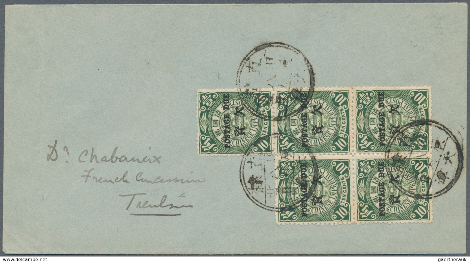 China - Portomarken: 1904: Stampless Envelope To Tientsin Taxed With Irregular Block Of Five CIP Pos - Portomarken