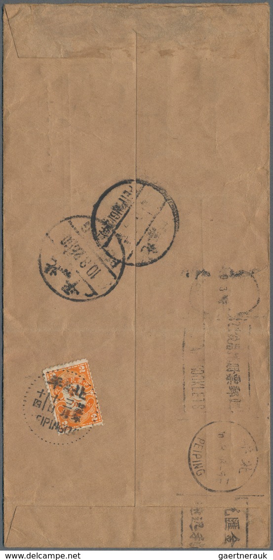 China - Portomarken: 1934, Manchuko 3 F. Brown Tied "Moukden 3.3.8" To Cover To Peiping With Boxed V - Portomarken