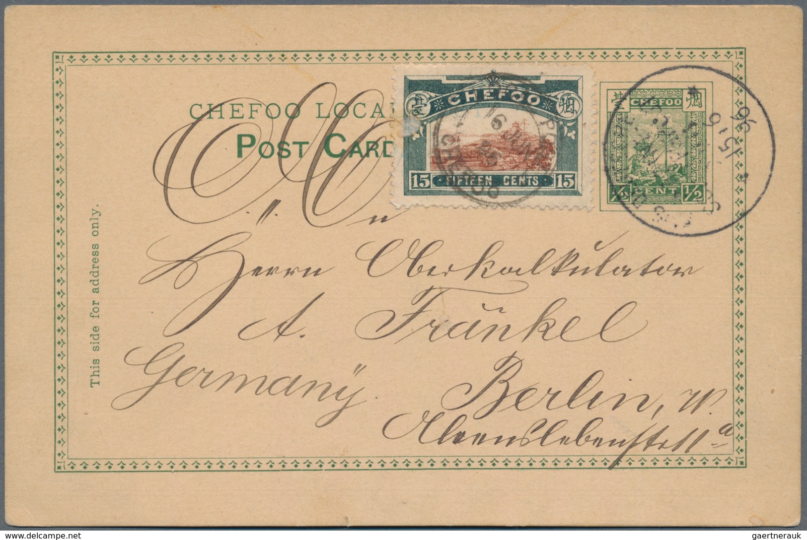 China - Lokalausgaben / Local Post: Chefoo, Card 1/2 C. Green Uprated 15 C. Canc. "LOCAL POST CHEFOO - Andere & Zonder Classificatie
