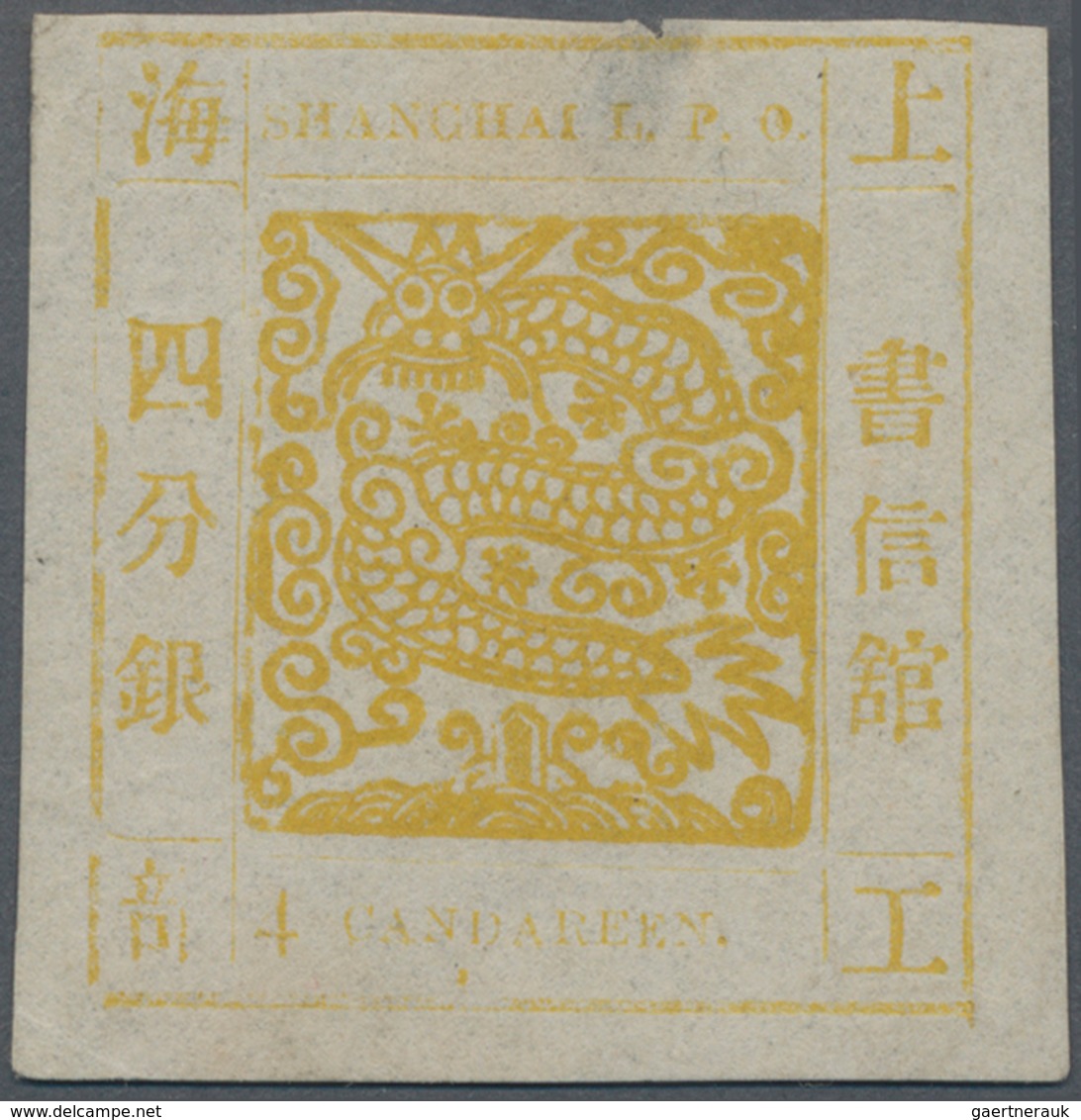 China - Shanghai: 1865, Large Dragon "Candareen" In The Singular, Non-seriff Digits, 4 Ca. Yellow On - Andere & Zonder Classificatie