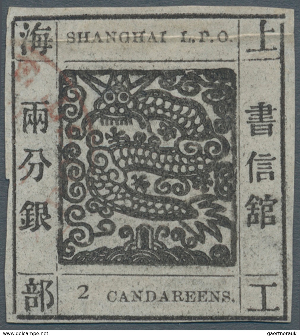 China - Shanghai: 1865, "Candareens." In The Plural, 2 Liang Black On Thin Wove Paper, Used Red Date - Sonstige & Ohne Zuordnung