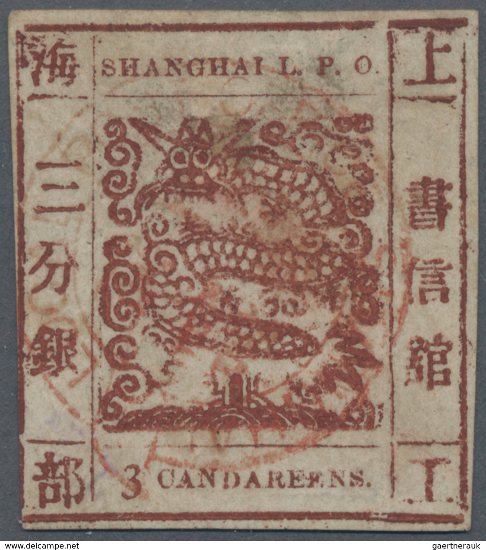 China - Shanghai: 1866, Large Dragon 3 Ca. Red Brown, Non-seriff, Candareens In The Plural, On Pelur - Autres & Non Classés