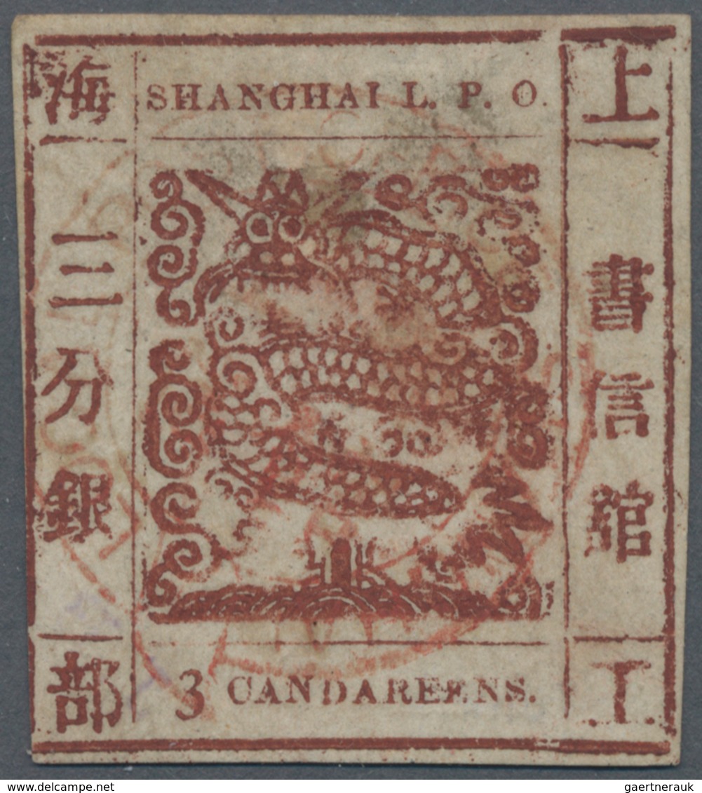 China - Shanghai: 1866, Large Dragon 3 Ca. Red Brown, Non-seriff, Candareens In The Plural, On Pelur - Andere & Zonder Classificatie