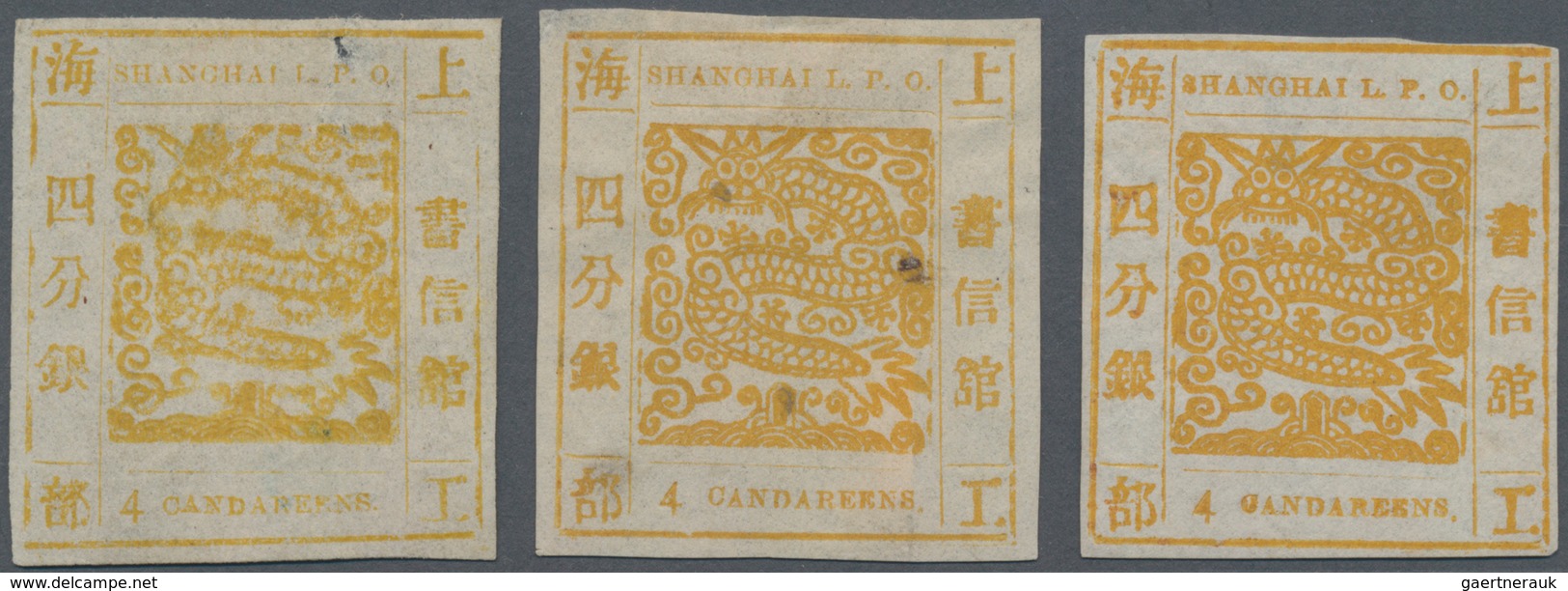 China - Shanghai: 1865, "Candareens." In The Plural, 4 Cands. Yellow On Thin Wove Paper, Three Singl - Sonstige & Ohne Zuordnung
