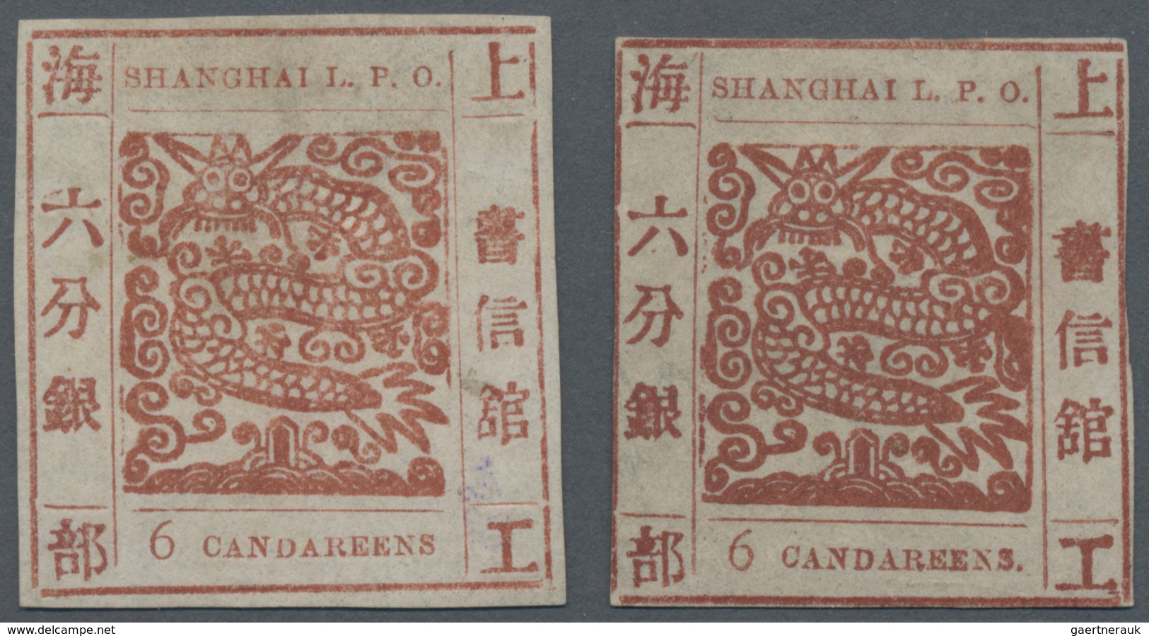 China - Shanghai: 1865, "Candareens." In The Plural, 6 Cands. Red-brown On Thin Wove Paper, Two Sing - Sonstige & Ohne Zuordnung