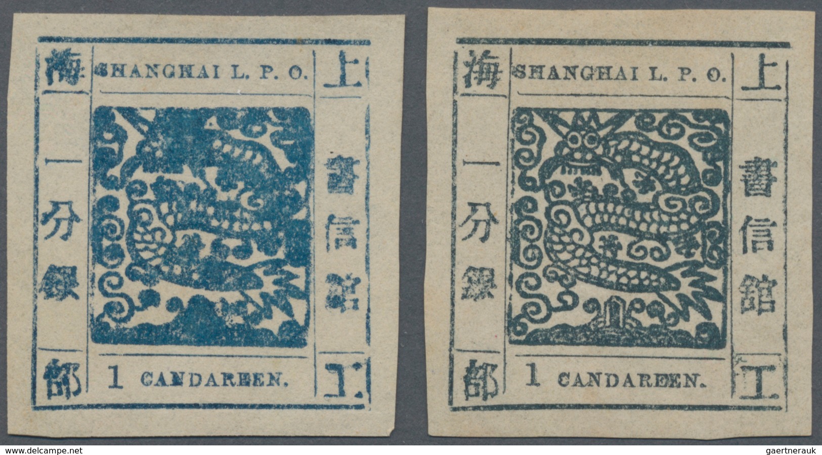 China - Shanghai: 1865/66, Large Dragon 1 Ca. Blue, Seriffed, On Thin Paper, Two Copies In Normal An - Sonstige & Ohne Zuordnung