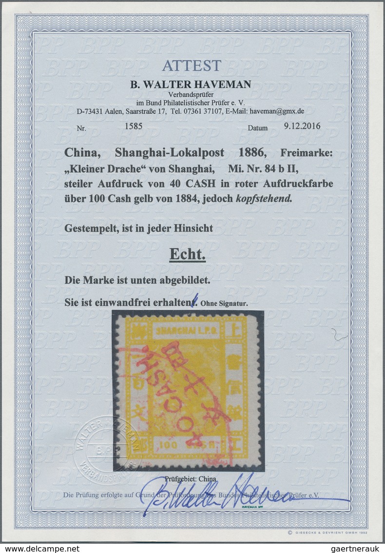 China - Shanghai: 1886, 40 Cash. In Red Diagonal Surcharge On 1884 100 C. Yellow, Surcharge Inverted - Sonstige & Ohne Zuordnung