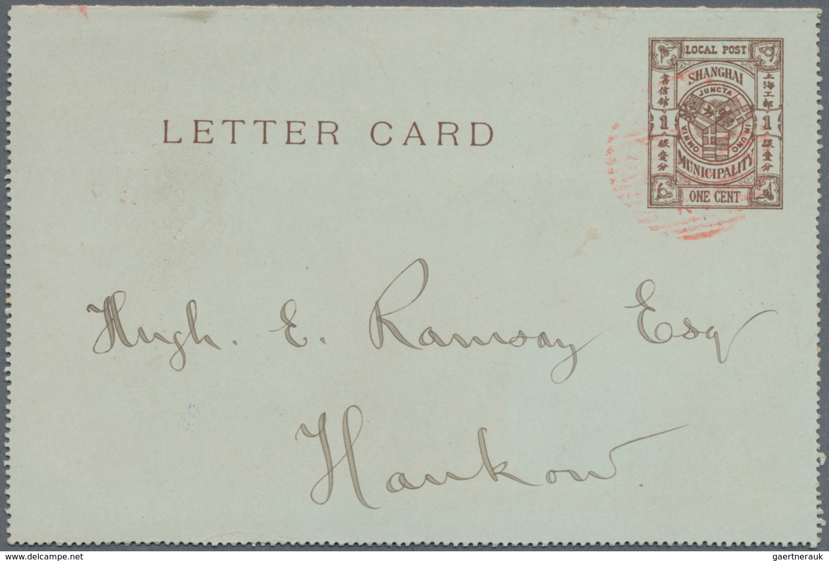China - Shanghai: 1893, Letter Card 1 C. Brown Canc. Vermillion Circular Grid To Hankow, On Reverse - Sonstige & Ohne Zuordnung