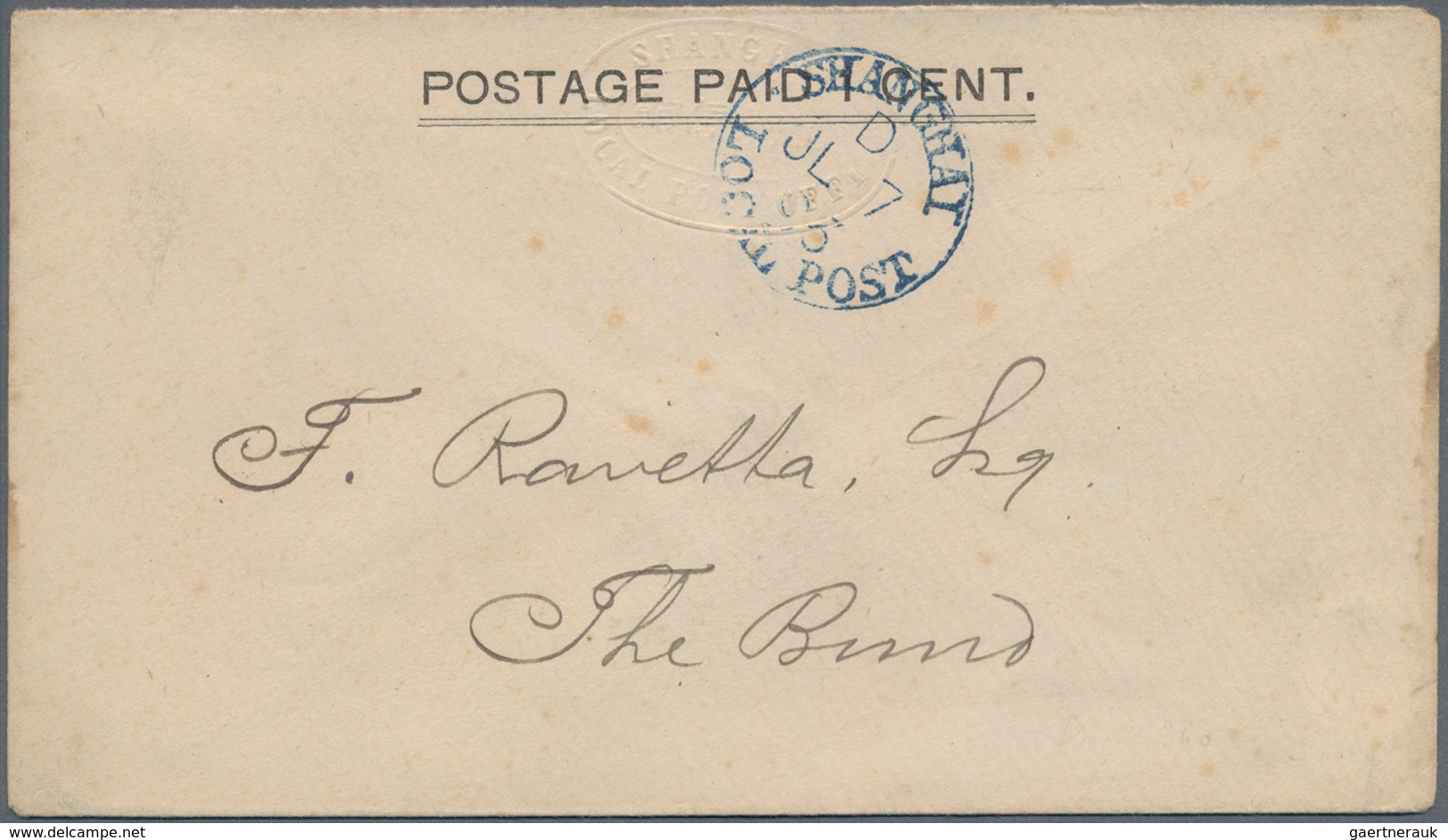 China - Shanghai: 1893, Envelope 1 C. W. Embossed Oval Size 137x78 Mm, Canc. Blue "SHANGHAI LOCAL PO - Sonstige & Ohne Zuordnung