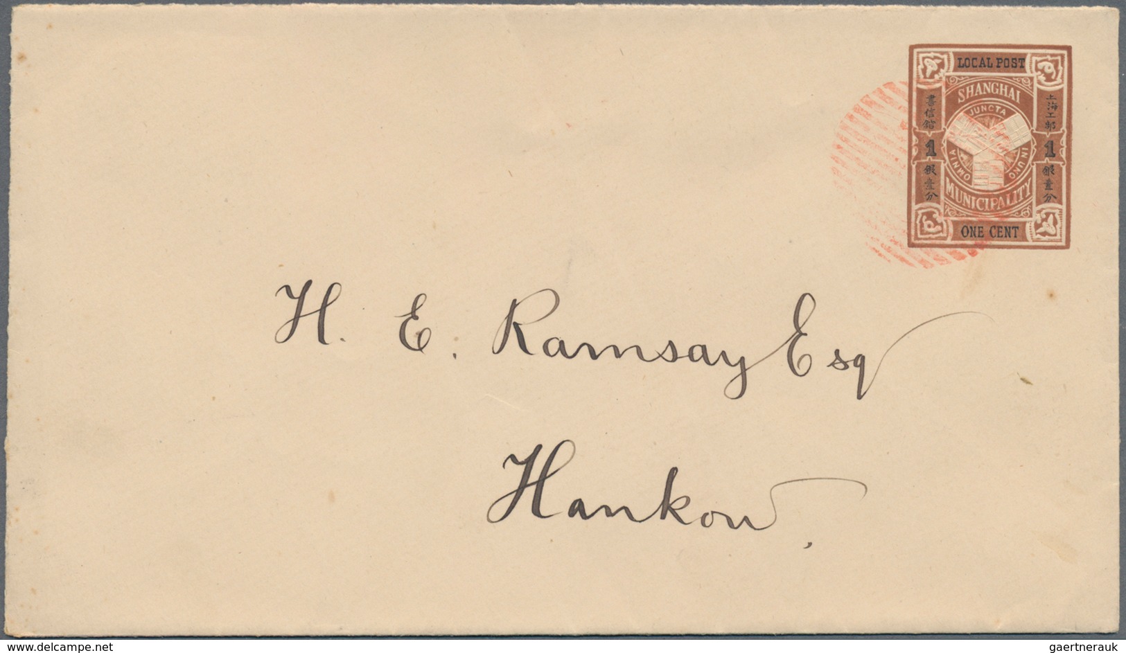 China - Shanghai: 1893, Envelope 1 C. Brown Canc. Vermillion Circular Grid To Hankow, On Reverse Ver - Otros & Sin Clasificación