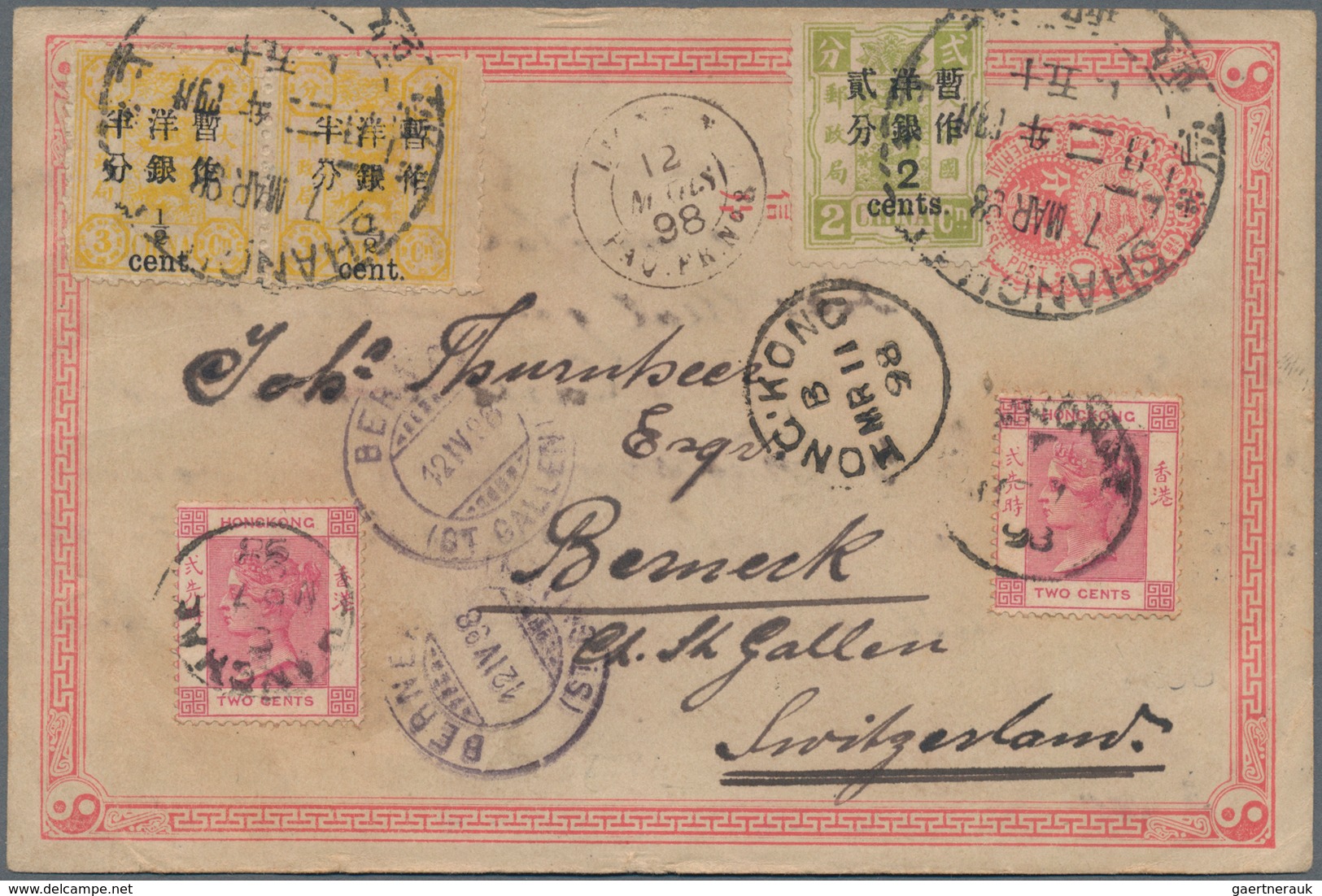 China - Ganzsachen: 1897, Card ICP 1 C. Uprated Cent Surcharges Non-seriff 2 1/2 Mm 1/2 C. (pair), 2 - Cartes Postales