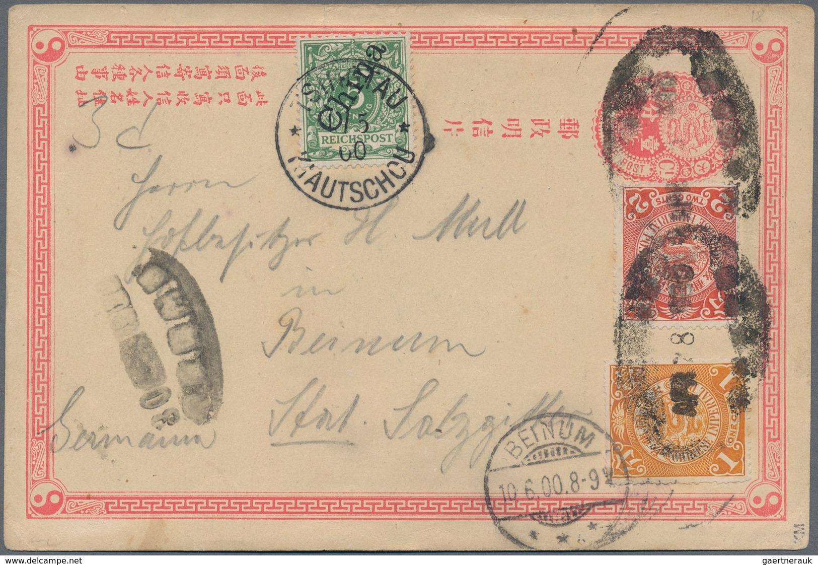 China - Ganzsachen: 1897, Card ICP 1 C. Uprated Coiling Dragon 1 C., 2 C. Tied Oval "KIAOCHOW APR-28 - Cartoline Postali