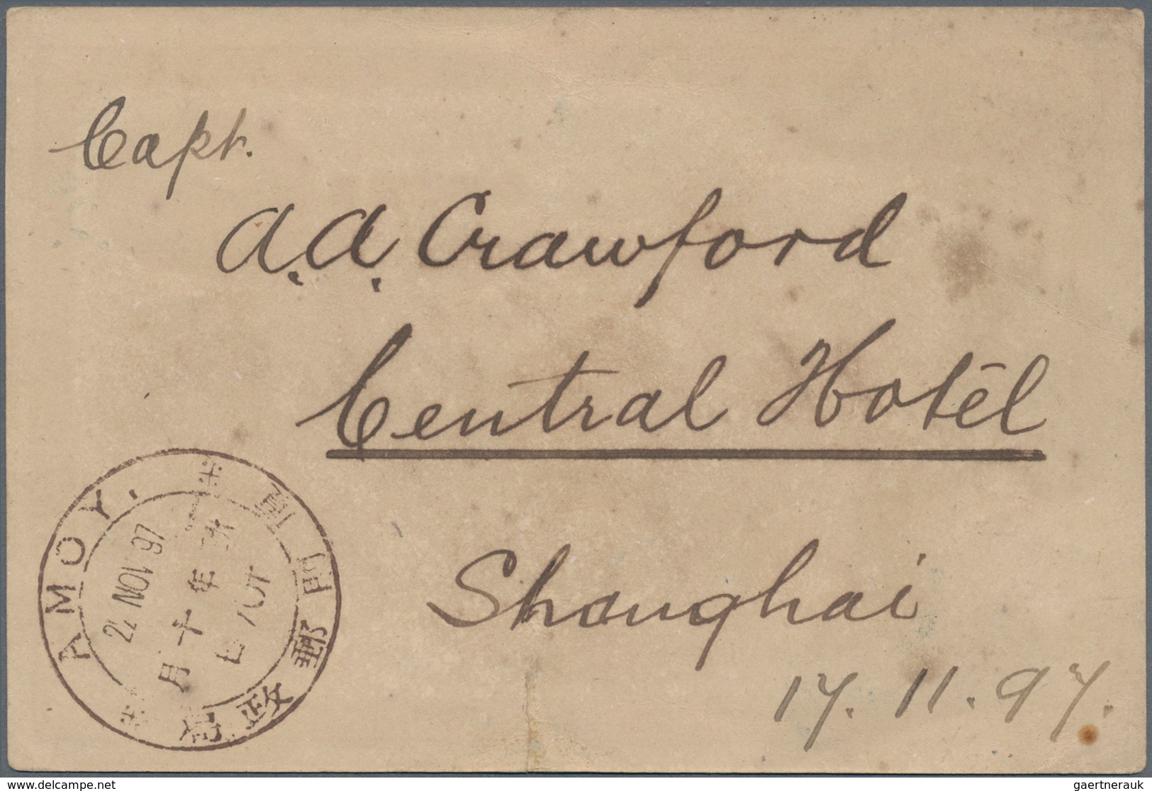 China - Ganzsachen: 1897, Card ICP Canc. Blue Large Dollar "SHANGHAI 18 NOV 97" To Amoy W. On Revers - Cartoline Postali