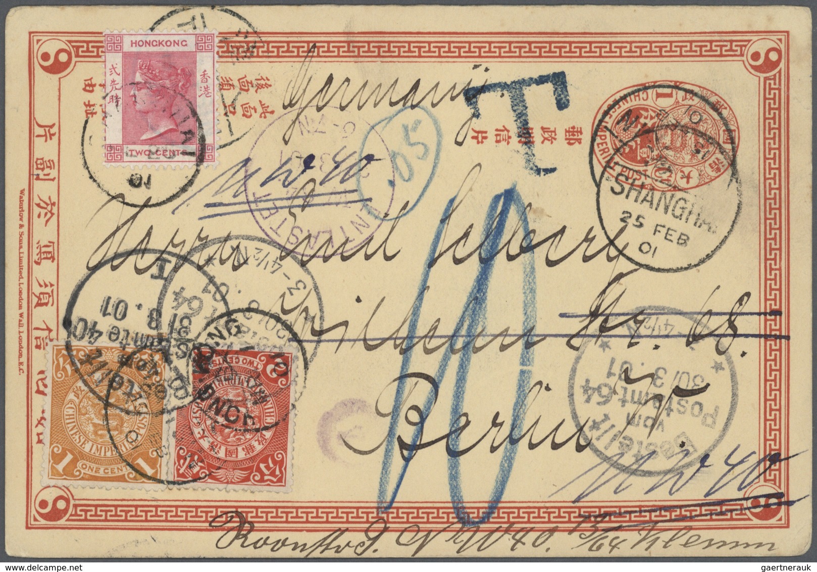 China - Ganzsachen: 1898, ICP Reply Card 1 C. Reply Part Uprated Coiling Dragon 1 C., 2 C. Tied "TIE - Cartes Postales