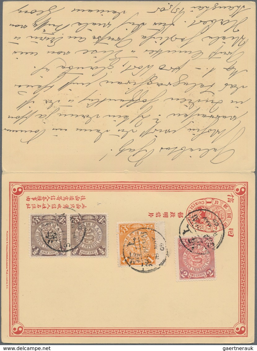 China - Ganzsachen: 1898, Double Card CIP 1 C.+1 C. Uprated 1 C., 2 C. Tied "SHANGHAI 18 MAY" Via Fr - Postales
