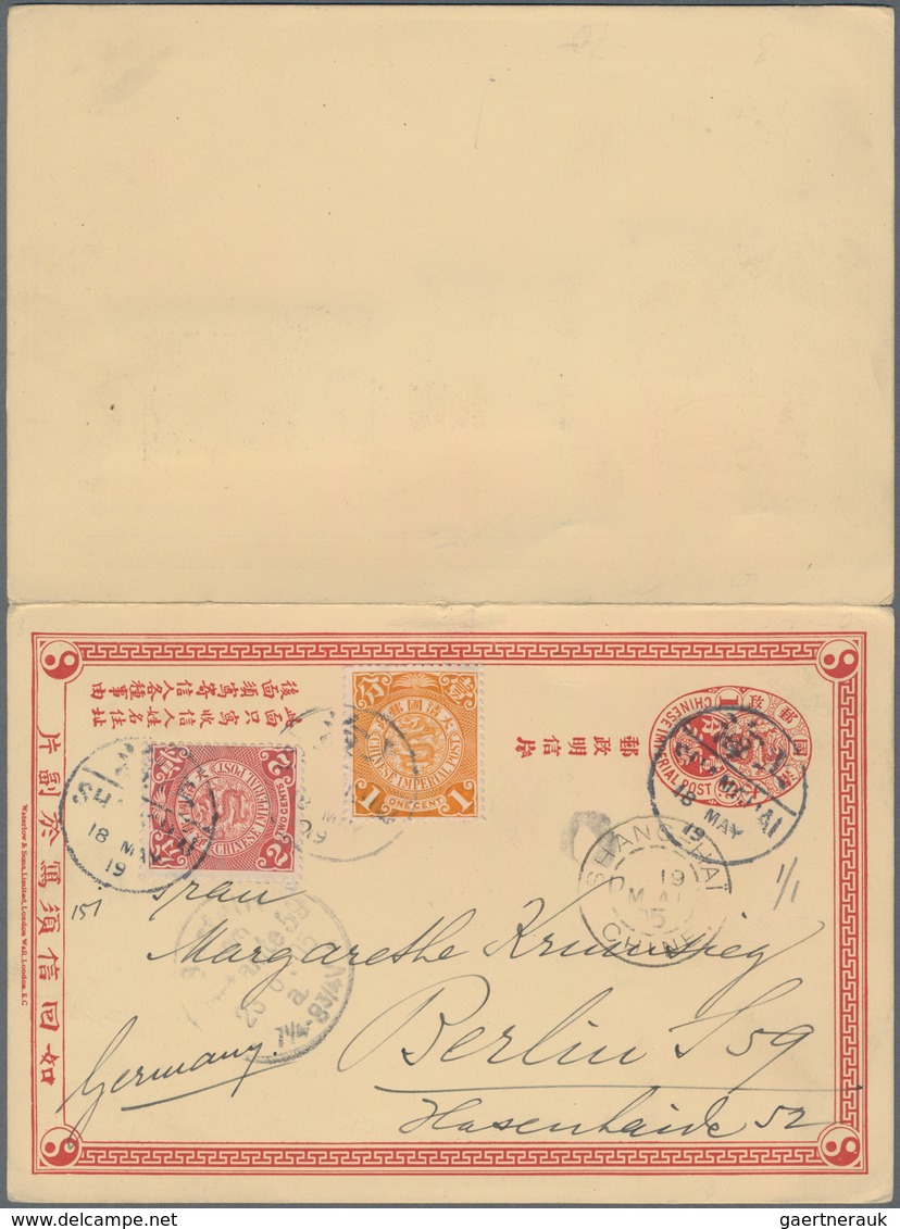 China - Ganzsachen: 1898, Double Card CIP 1 C.+1 C. Uprated 1 C., 2 C. Tied "SHANGHAI 18 MAY" Via Fr - Postales