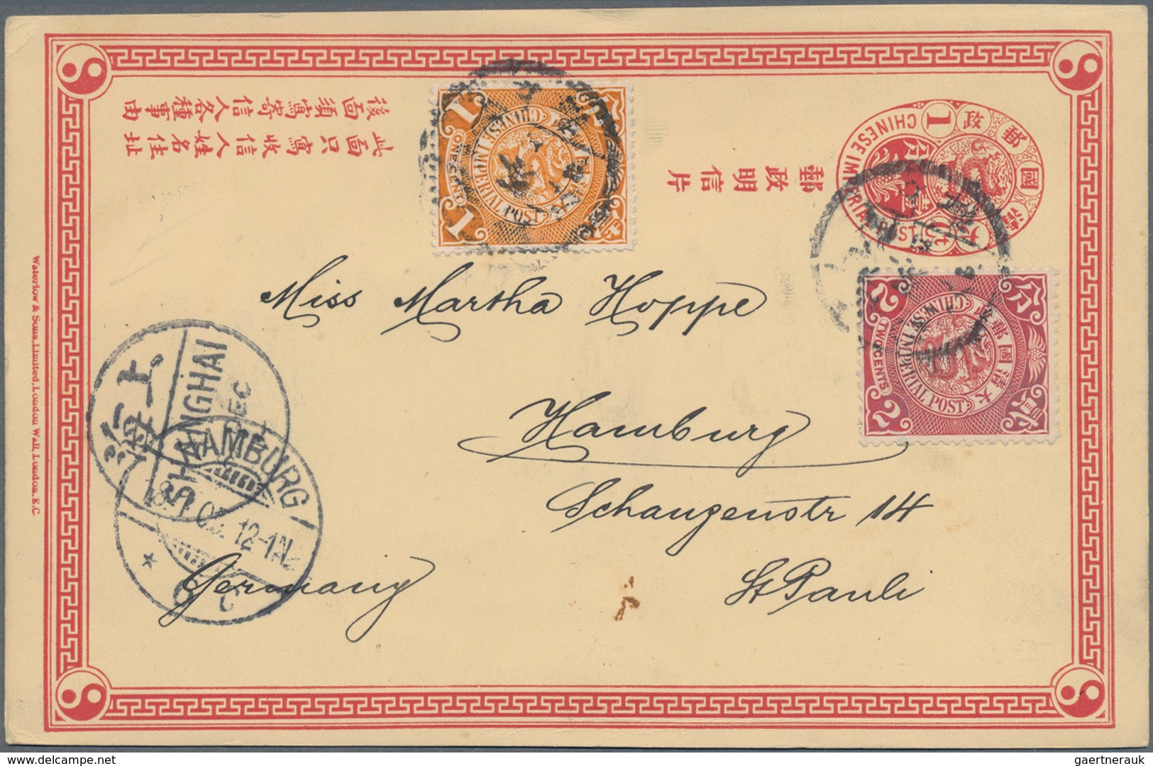 China - Ganzsachen: 1898, Card CIP 1 C. Uprated Coiling Dragon 1 C., 2 C. Tied Lunar Dater Shanghai - Cartes Postales